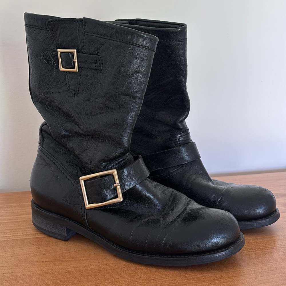 Jimmy Choo London Black Moto Biker Buckle Boots Women’s Size US 8.5